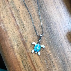 Blue opal turtle peace necklace